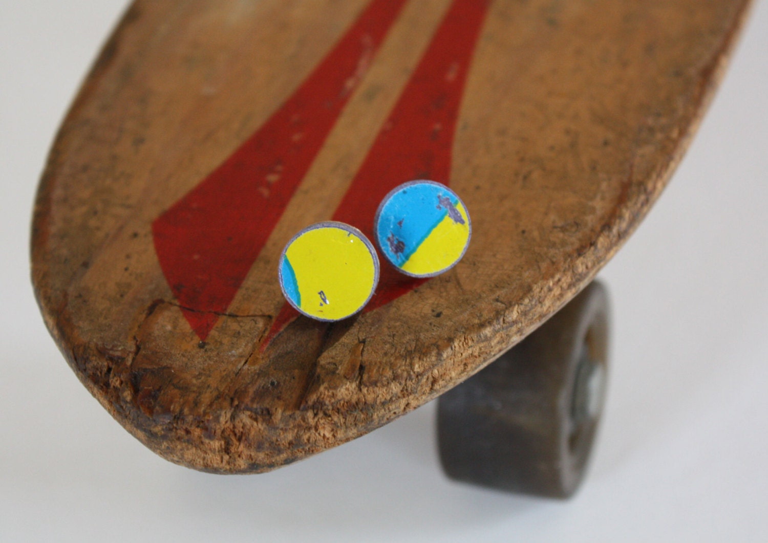 Recycled Skateboard Large Stud Earrings-Blue Skies and Sunshine
