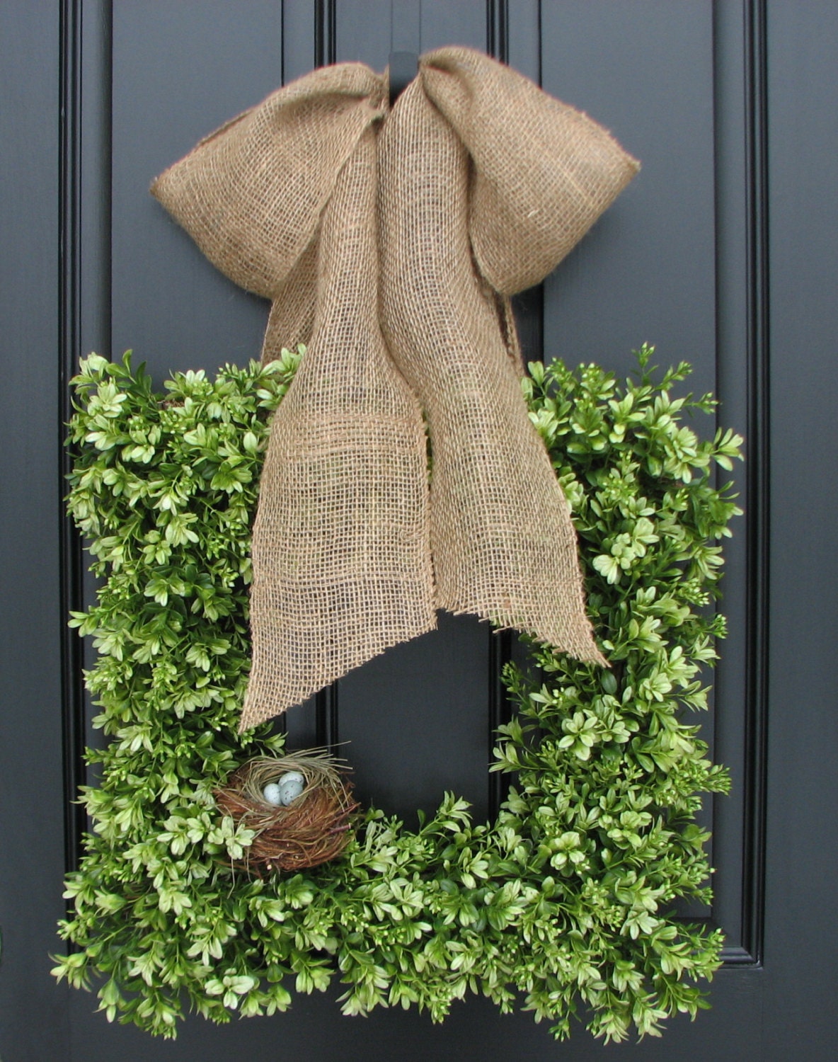 Wreaths - Boxwood Wreath - Square Wreath - Spring Decor - Burlap Ribbon - Bird's Nest Decor - Year Round Wreath - Robin Eggs - Easter Eggs