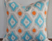 Decorative Ikat Pillow Cover 20x20 inches Blue Gray Orange 20x20 Pillow Cover