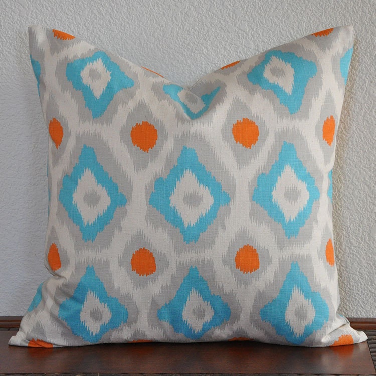 Decorative Ikat Pillow Cover 20x20 inches Blue Gray Orange 20x20 Pillow Cover