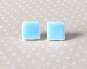 Petite Porcelain Earrings.  Robins Egg Blue Squares.  Post or Stud Earrings. Surgical Steel