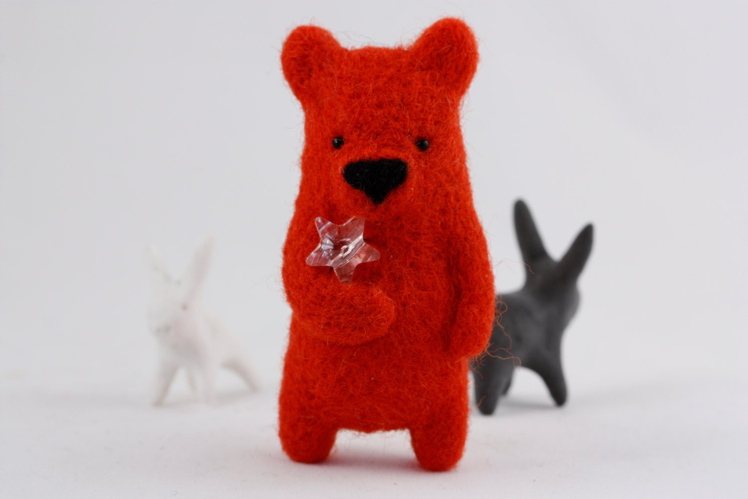 Felted coral red bear brooch