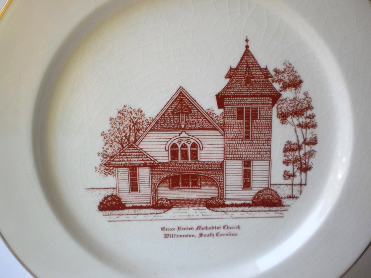Church Plate China Collectible Souvenir Commemorative Grace United Methodist Williamston South Carolina SC Red Gold Trim Tourist Momento