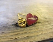 Vintage USN Navy Sweetheart Pin Heart Red Enamel Sweater Pin Lapel Pin
