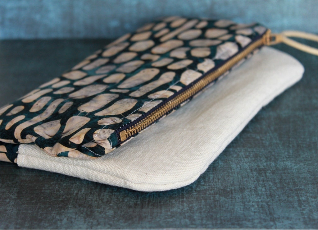 Canvas and Cotton Batik Fold Over Clutch. Cream and Navy Purse. Spring Zipper Pouch in River Pebble Print.