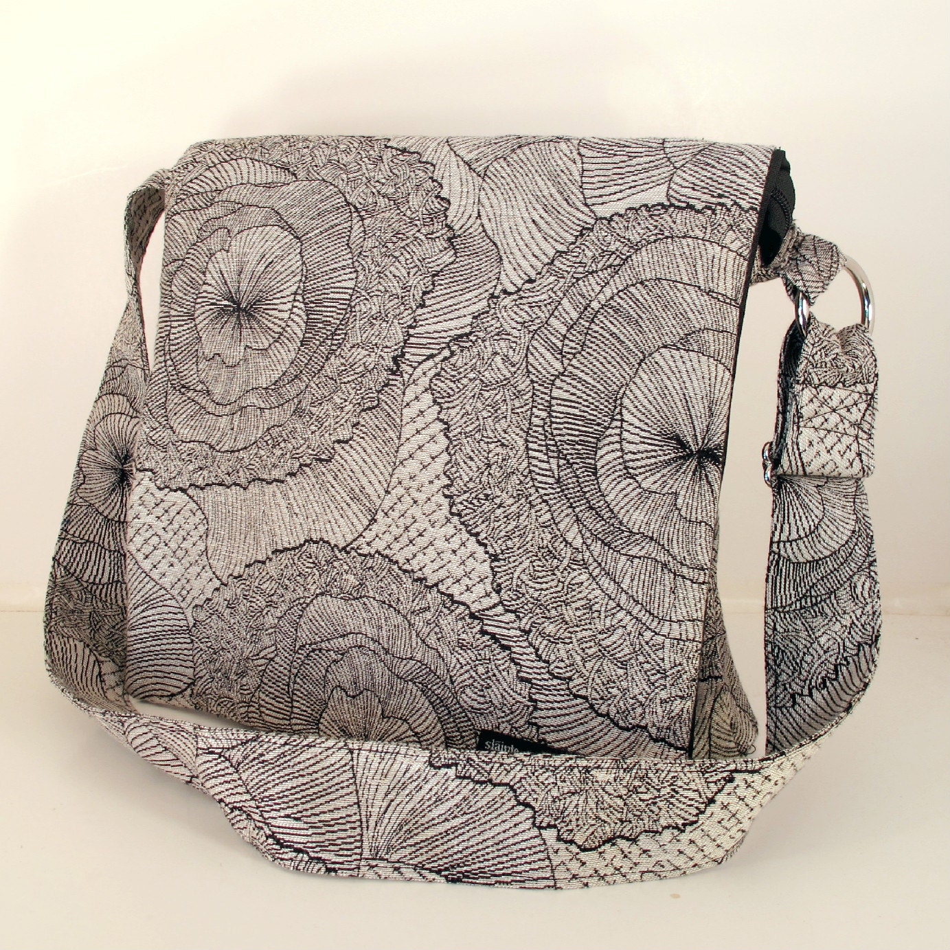 MESSENGER BAG in "Black Flowers". Cross Body Bag. Travel Bag. Fabric Bag. Black and White Bag. Bags Made in USA.