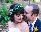 woodland forest queen wedding wreath, in green with flowers feathers and pearls