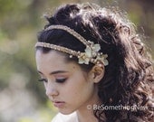 Blush wedding hair acessory, beaded double tie headband with petals and pearls