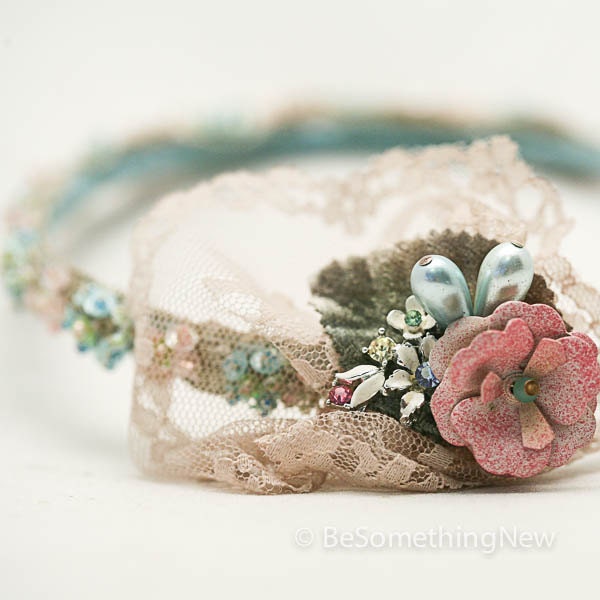 1920's style Great Gatsby beaded headband in pink ivory and teal