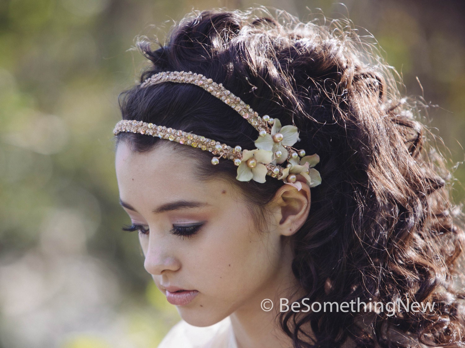 Blush wedding hair acessory, beaded double tie headband with petals and pearls