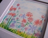 Spring Flower Garden Watercolour Hand Stamped With or Without Mini Butterflies in Sky. Mothers Day Art. 5x5 inches. Matching Gift Tag