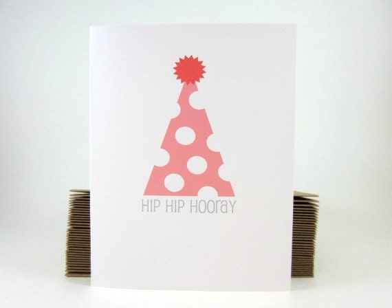 Birthday Card, Happy Birthday Greeting Card, Party Hat, Hip Hip Hooray, Celebration Card- single
