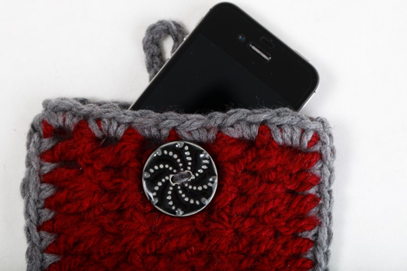Burgundy Red Grey Black Chunky Cell Phone Iphone Holder Cozy with Charming Black Button