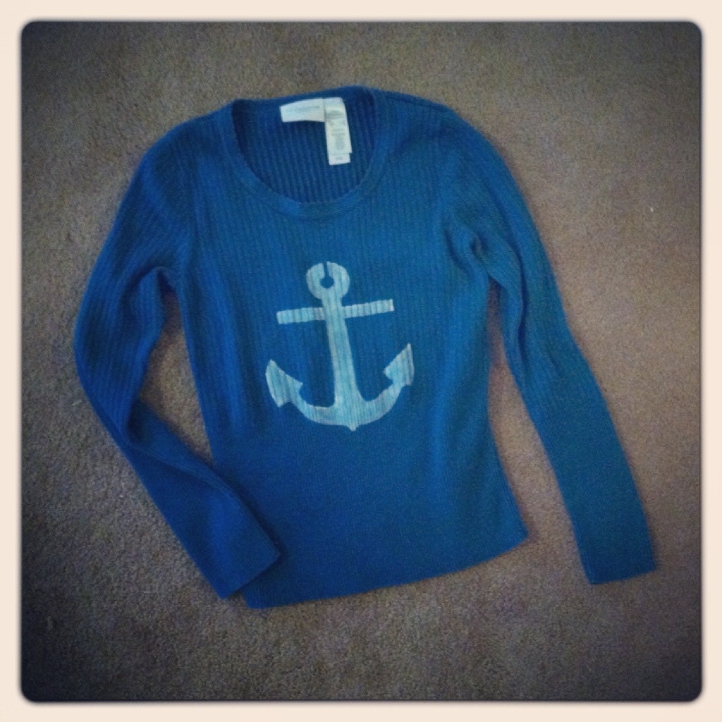 Skinny Anchor sweater hand stenciled OOAK thrifted upcycled sweater turquoise blue and white