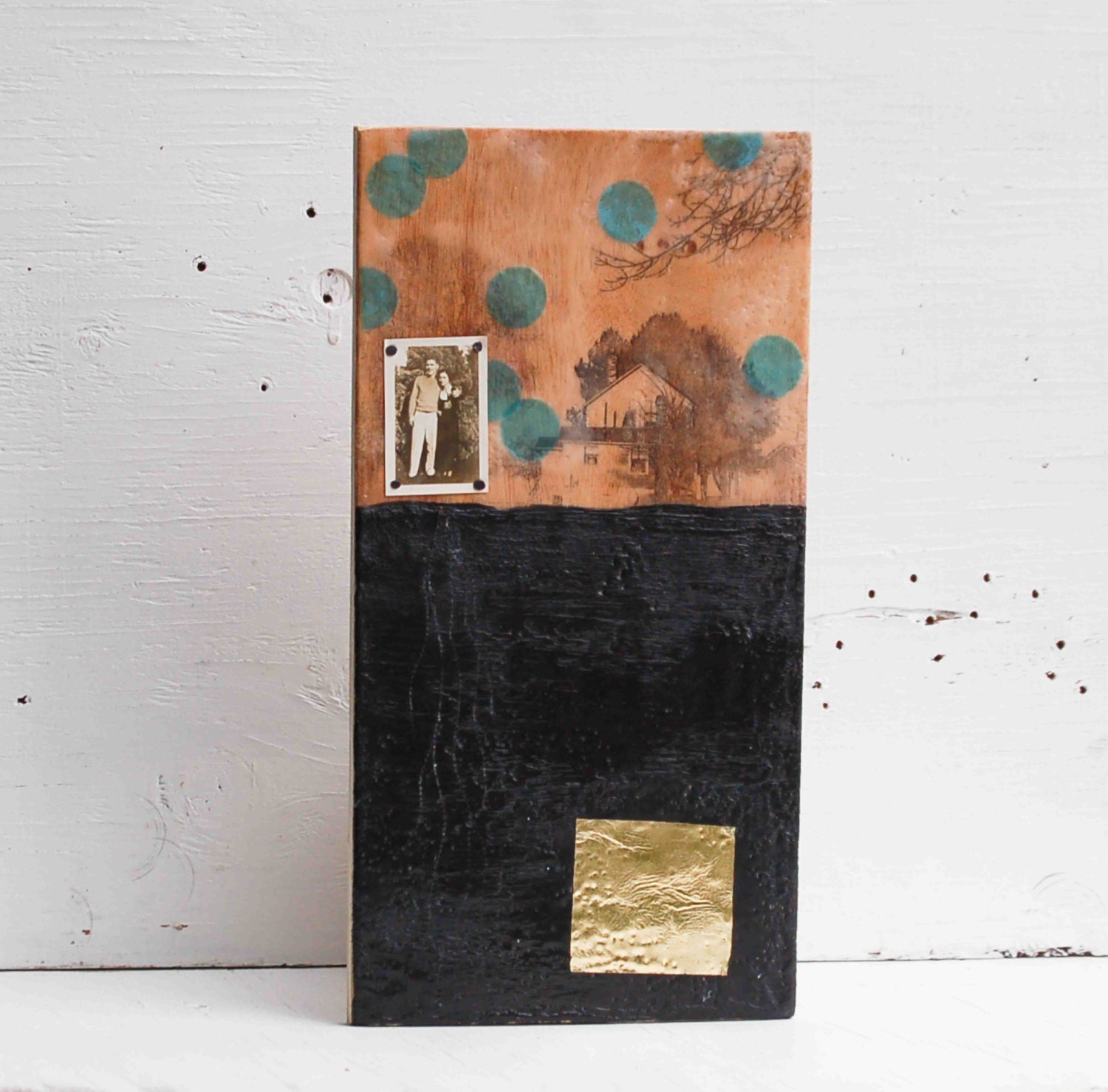 BLACK Gold  Original Encaustic Painting Rustic Farm House Black Soil Vintage Photograph Gold Turquoise