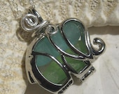 Sea Glass Necklace -  Elephant Locket Bold Aqua and Green SeaGlass Necklace Pendant