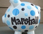 Custom Polka Dot Large Piggy Bank Blue and Brown