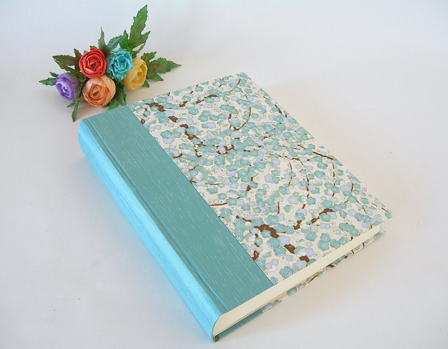 Photo album (8x10) aqua cloth with blue plum blossom Japanese chiyogami paper
