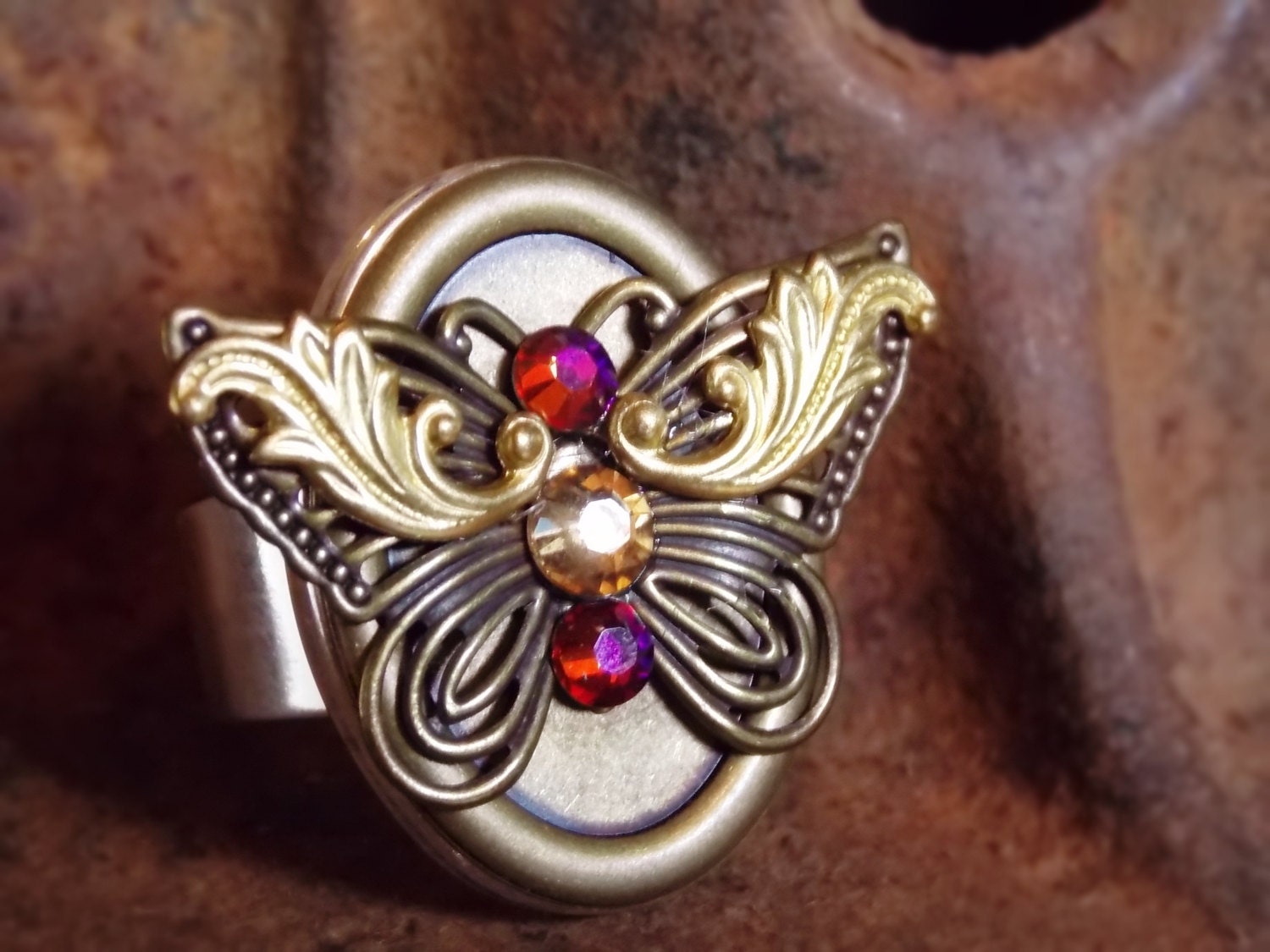 Butterfly Ring Steampunk Jewelry Brass Fire Crystal Wide Band Adjustable Silver Plated