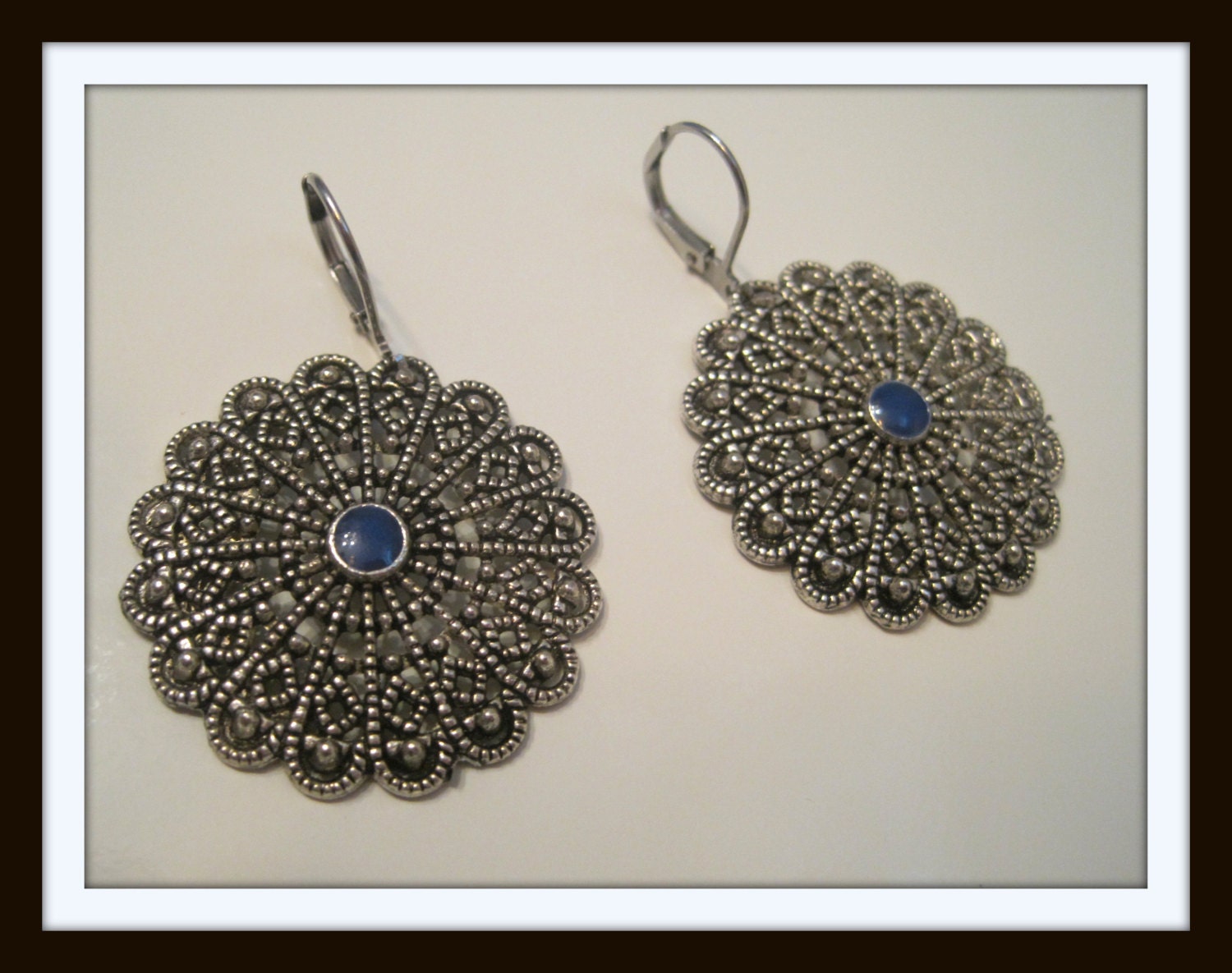 Antiqued Silver Filigree Surgical steel lever backs- royal blue