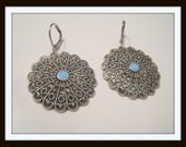 Antiqued Silver Filigree Surgical steel lever backs- light blue