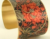 William Morris Fabric - Honeysuckle Red Flower Style Brass Cuff Bracelet - Arts and Crafts Movement