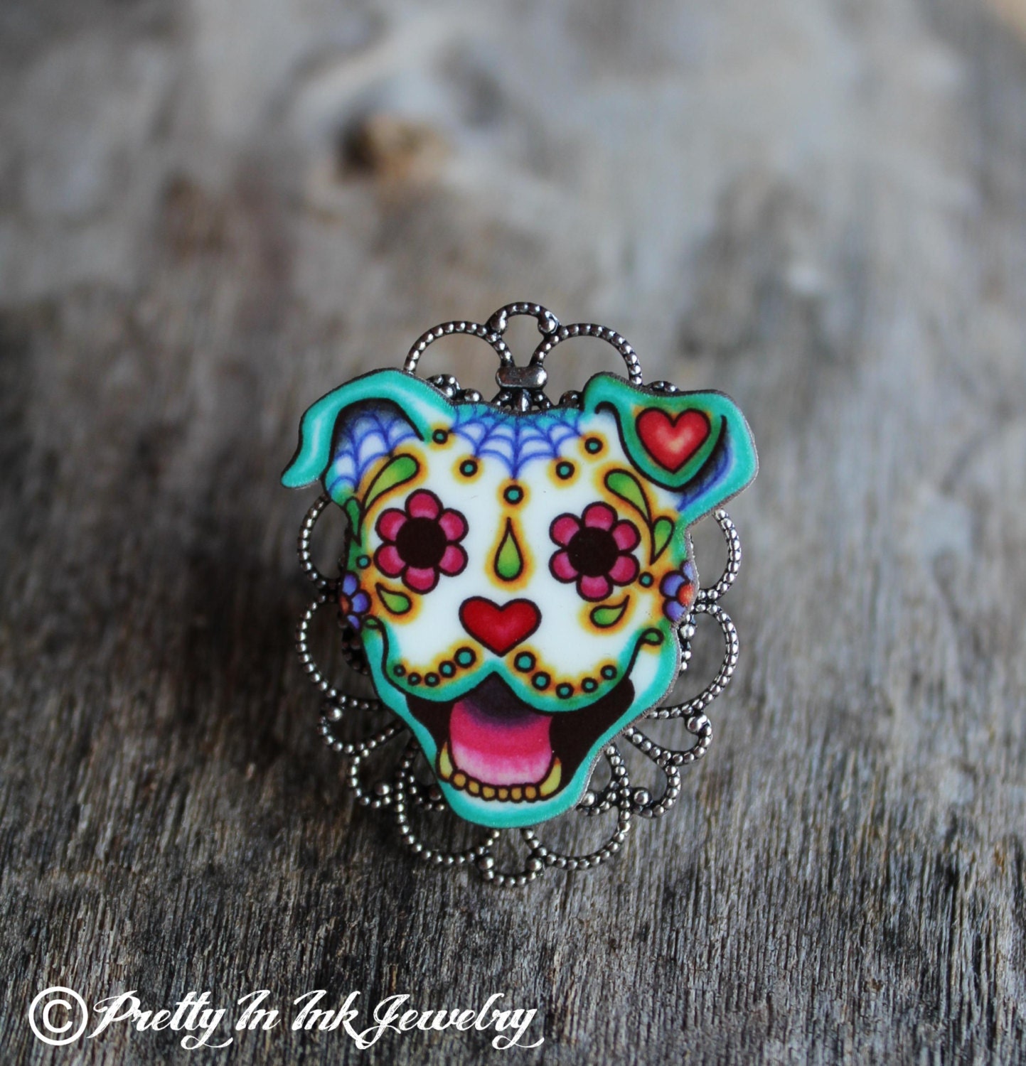 Happy Dog Day of the Dead Pit Bull Adjustable Ring