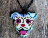 THE ORIGINAL Smiling Day of the Dead Pit Bull - Sugar Skull Dog Necklace - 5 dollars from Every necklace sold will go to Villalobos