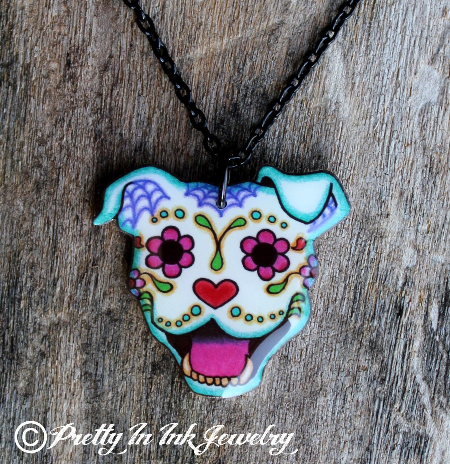 THE ORIGINAL Smiling Day of the Dead Pit Bull - Sugar Skull Dog Necklace - 5 dollars from Every necklace sold will go to Villalobos