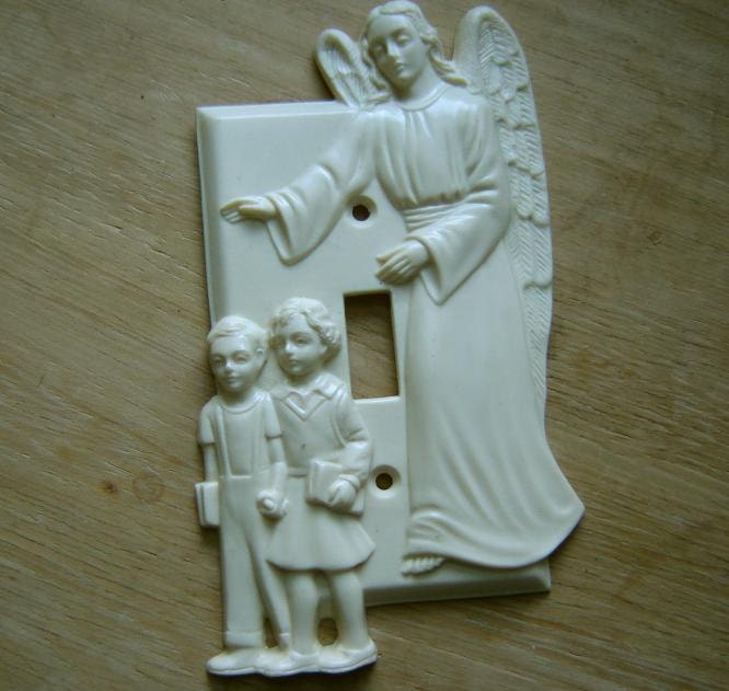 precious late 1940s switchplate children and guardian angel - charity for animals