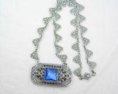 Vintage Art deco Signed necklace Filigree and paste stones HUGE blue centerpiece