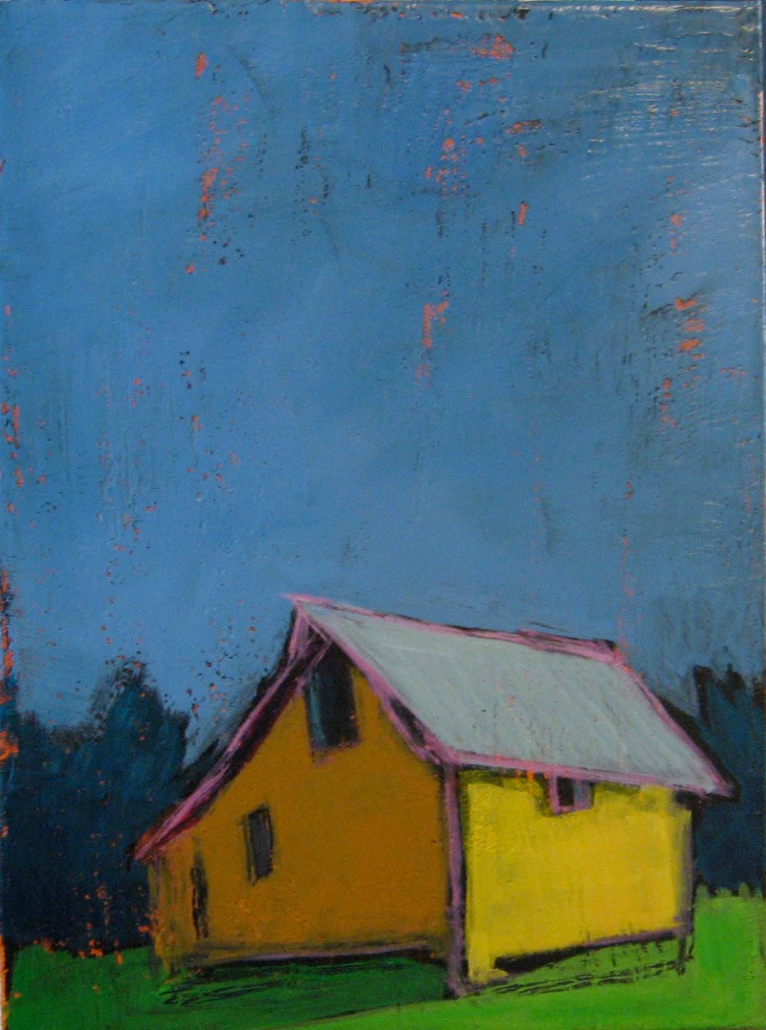 My Yellow House - Original Acrylic Oil Encaustic Landscape Painting - 9"x12"