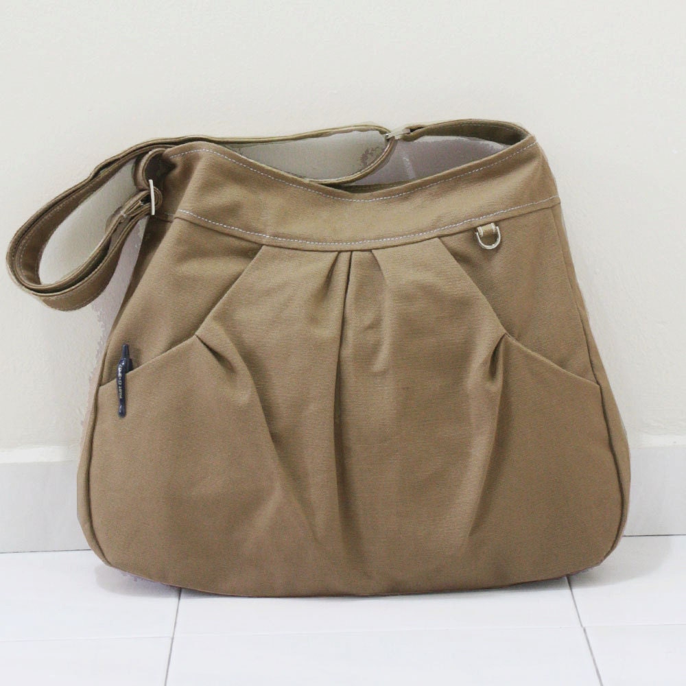 MAY Sale - Khaki Canvas Women Single Strap, shoulder bag, Cross body Sling bag, Handbag - Pleated Hoodie Market Bag