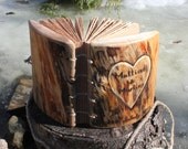 Rustic wood journal personalised with heart and names Coptic stitch