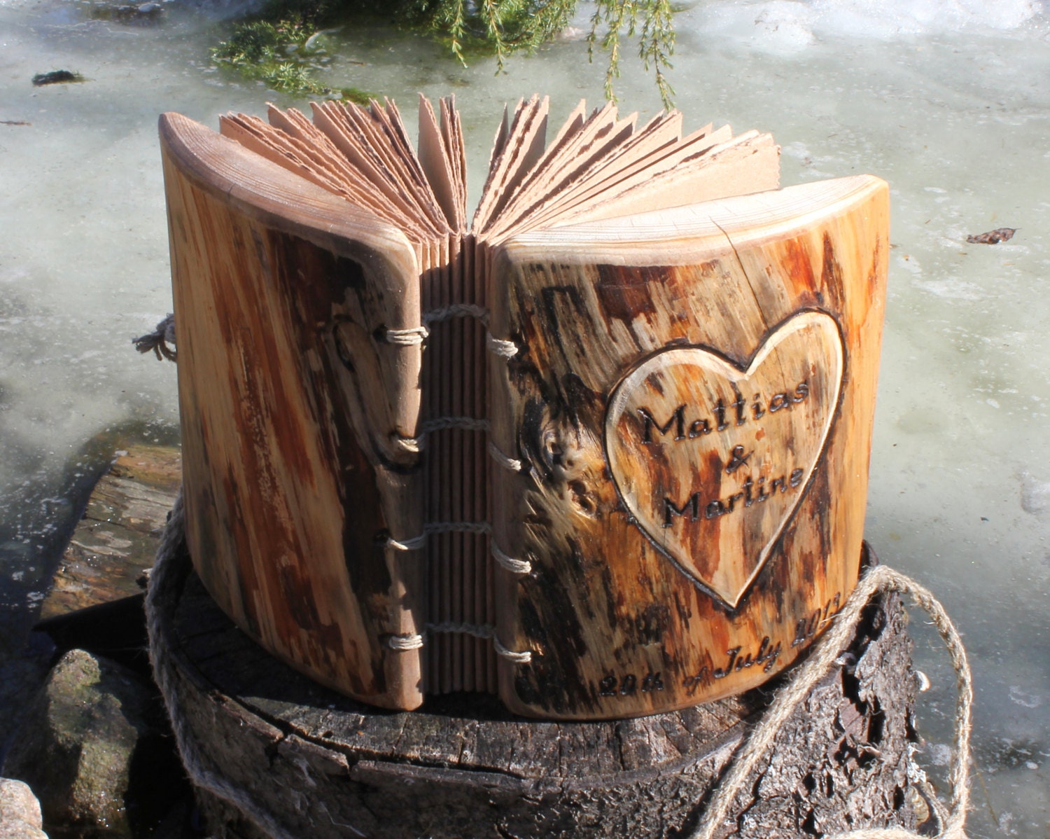 Rustic wood journal personalised with heart and names Coptic stitch