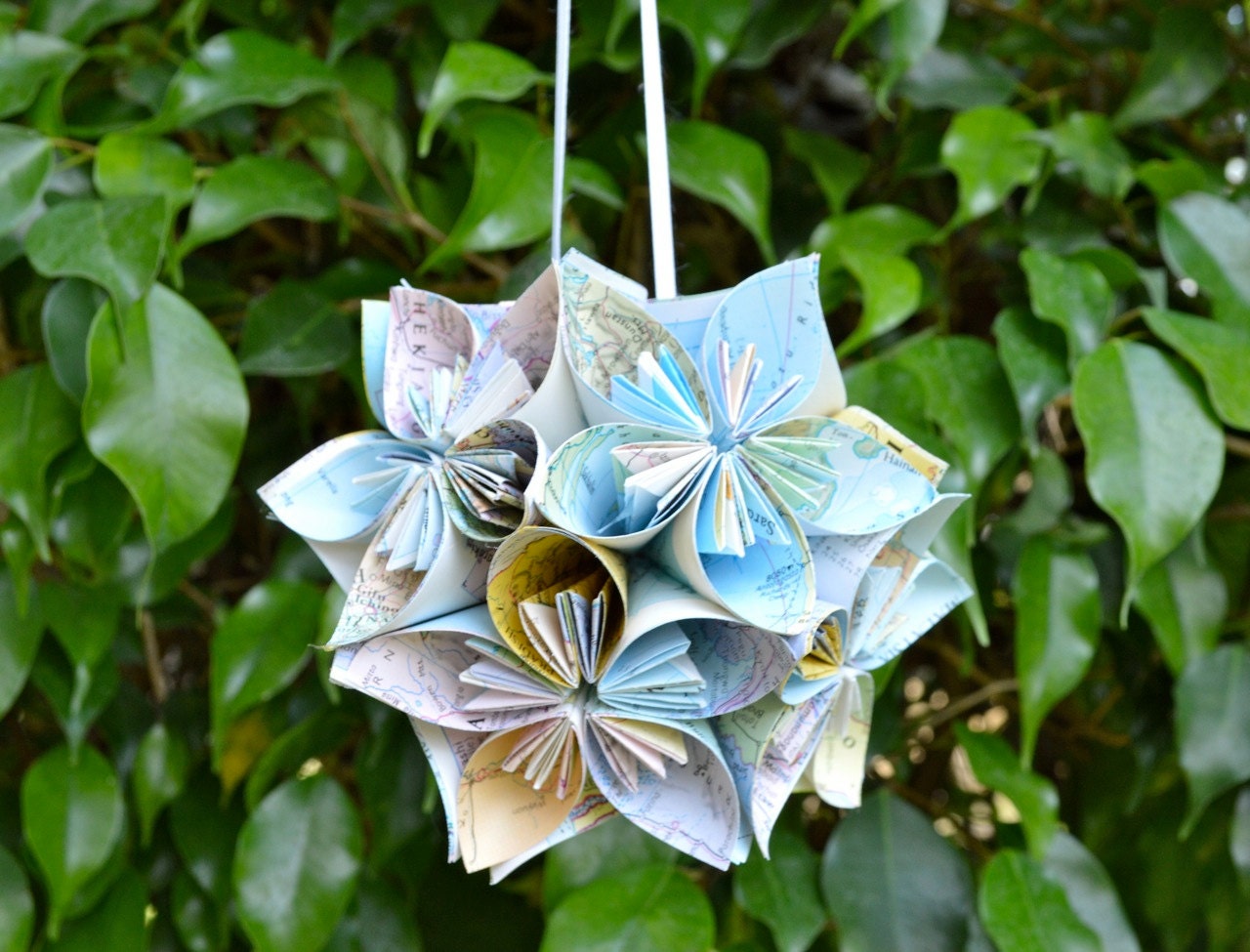 Small Vintage Map Paper Flower Ball Ornament