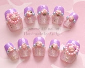 Kawaii nails, deco nails, fairy kei, pastel, lavender, heart, rose, pearl, romantic nail art