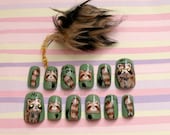 Fake nails, nail dangling, raccoon, hand painted, green, kawaii, animal, funny, gift for her
