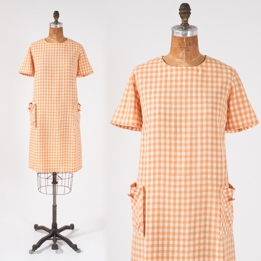 Vintage 1960's Dress Orange Creamsicle Checkered Summer Shift Large XL Plus