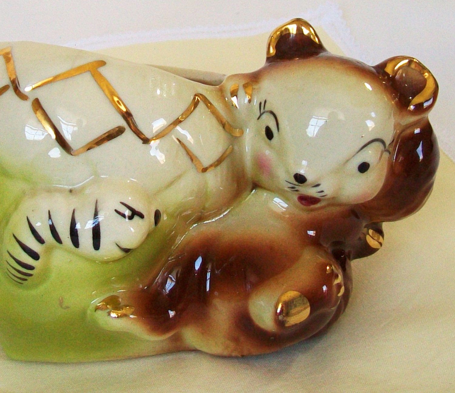 Vintage Small Planter Squirrel Acorn Gold Paint Sage Tan Pottery Vase Woodland Animals