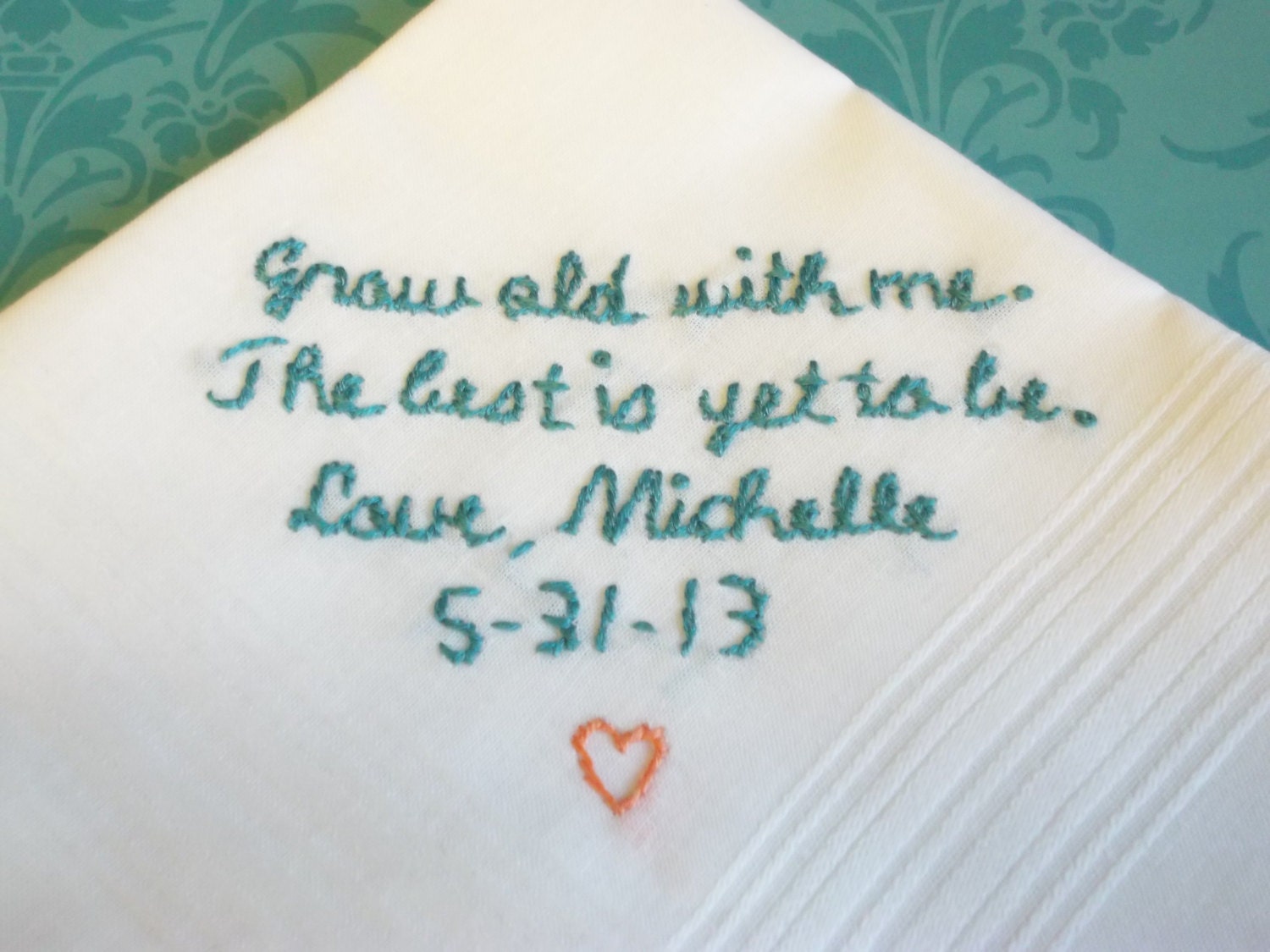 Bride to groom, wedding handkerchief, hand embroidered, teal color, wedding colors welcome, groom gift