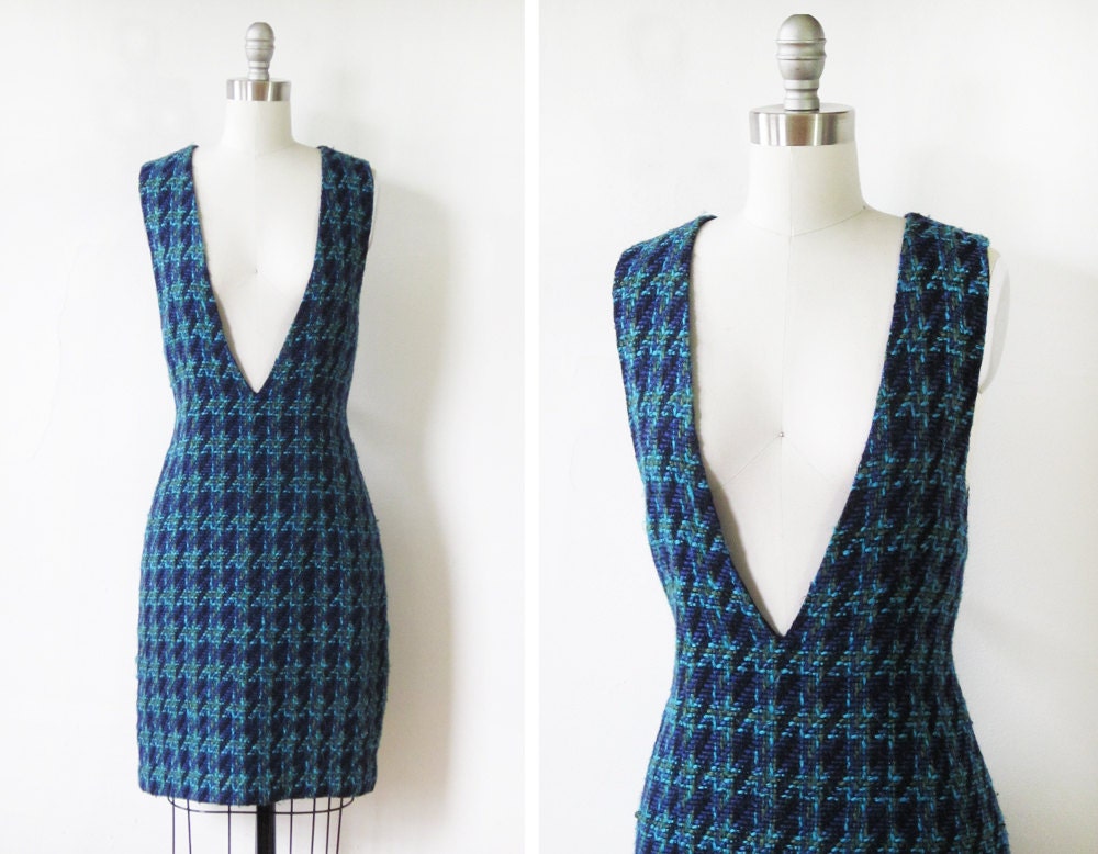 plaid wool jumper dress / vintage 80s blue plaid dress / plaid mini dress