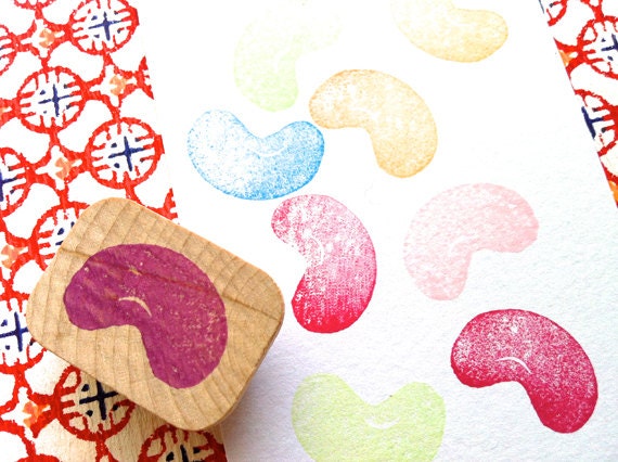 jelly bean rubber stamp. hand carved rubber stamp. hand carved stamp. mounted.