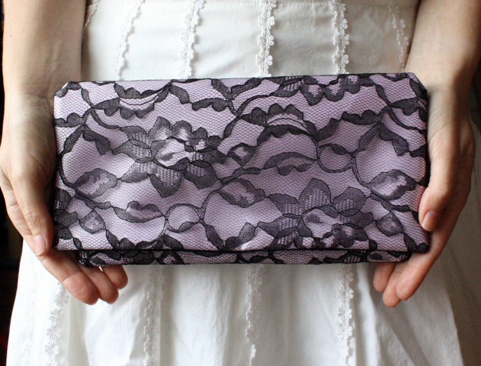 Wedding Clutches - 5 Bridesmaid Clutches Black Lace and Orchid Satin Clutch - Personalized Gifts