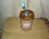 Primitive Toothbrush Holder with Rusty Lid and Grandmas Old Fashioned Teeth Cleaner Label, Rustic