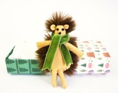 Stuffed animal felt plush hedgehog green brown miniature in matchbox