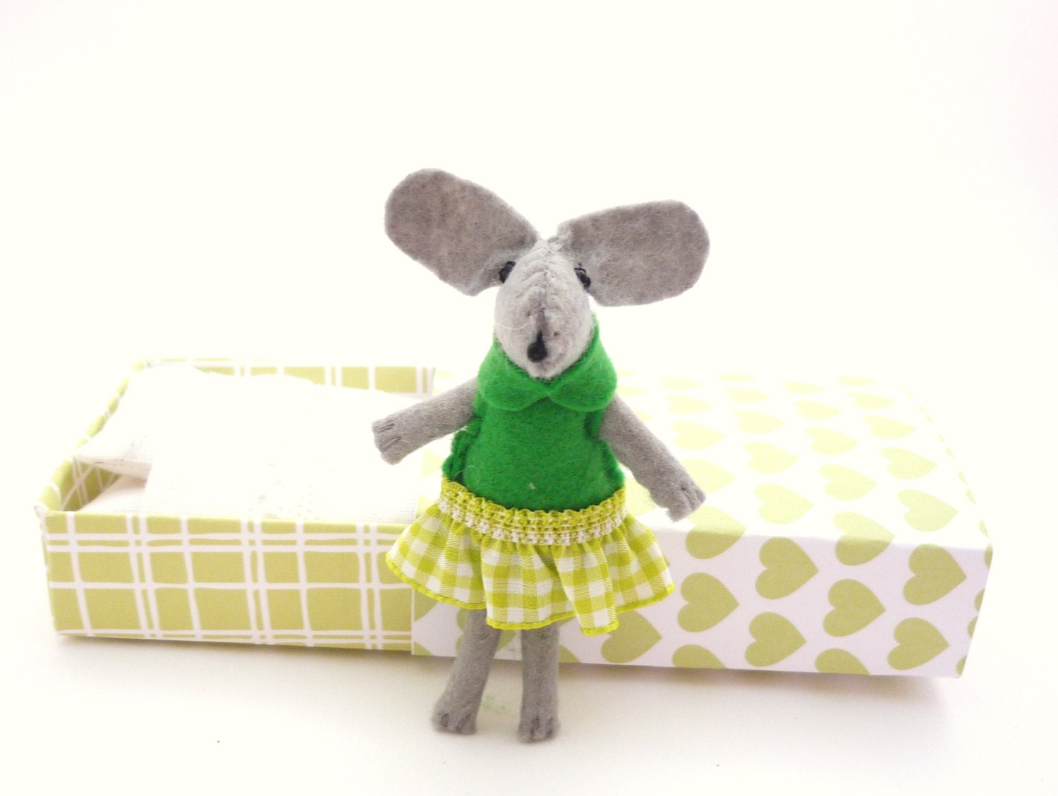 Stuffed animal mouse green miniature plush in matchbox bed