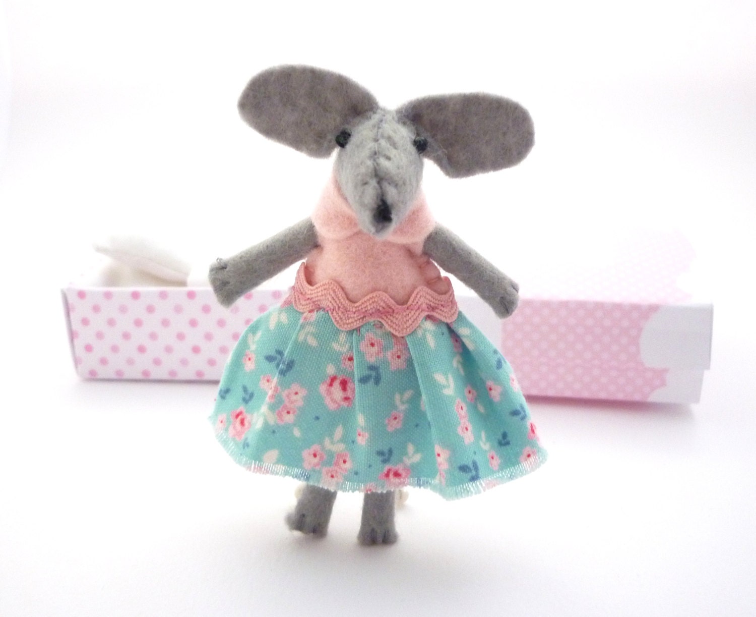 Felt  mouse plush stuffed animal pink  miniature matchbox