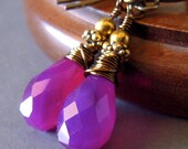 Purple Chalcedony Earrings, Antiqued Brass Dangle, Drop, Wire Wrapped