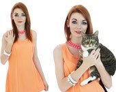 Mod Day-Glo Dress 60s Orange Mini Go-Go Neon A-line Sexy 1960s 70s Retro Tennis Micro Skirt S M Small Medium